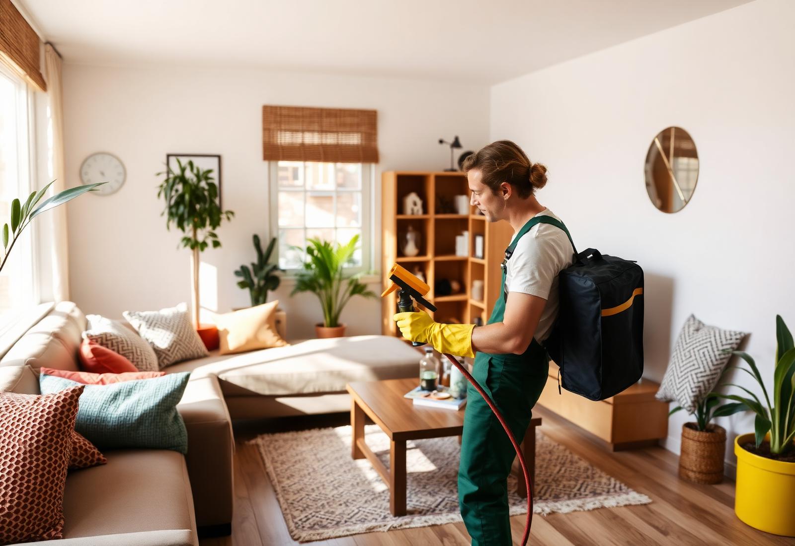 Professional cleaner working in a bright living room